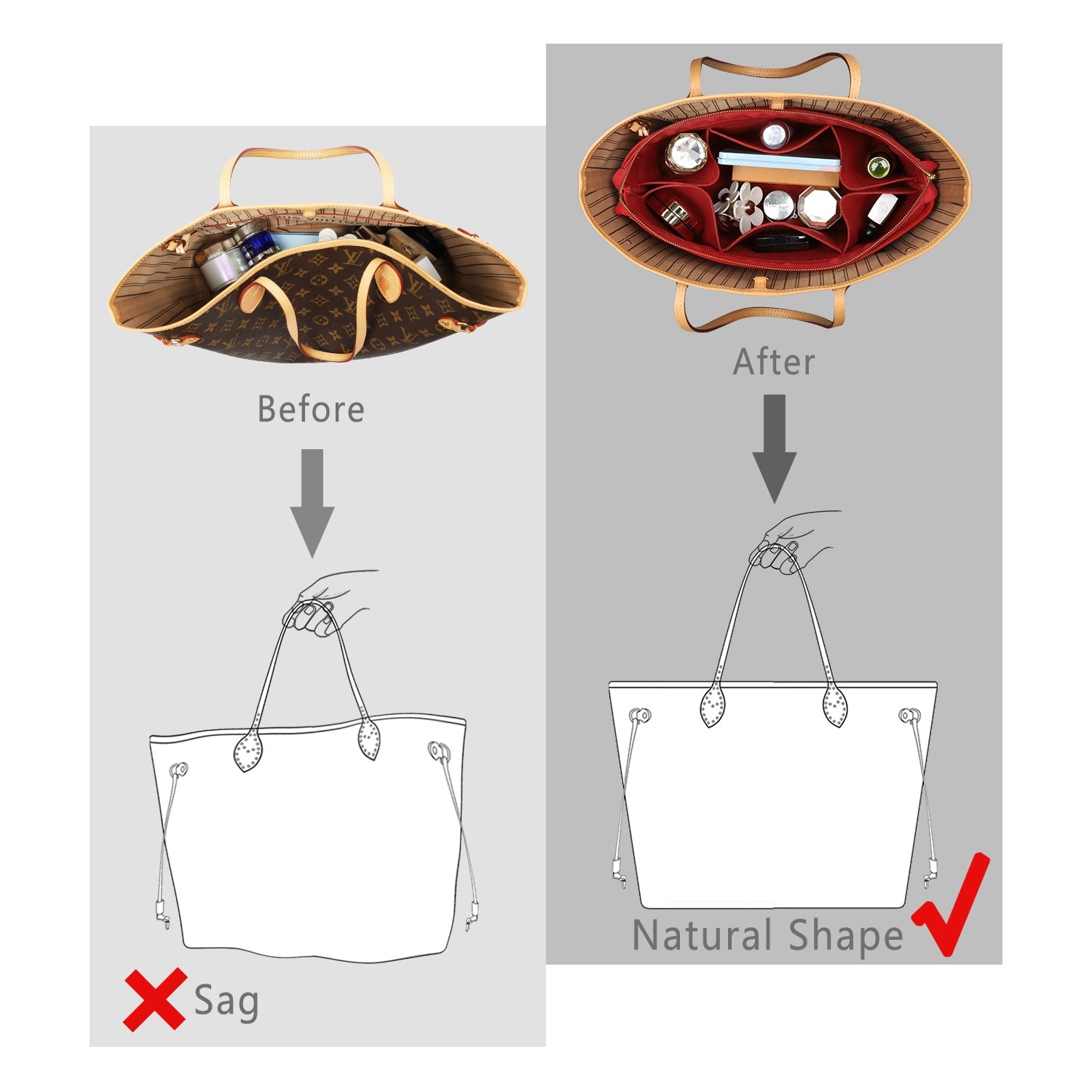 Filz-Handtaschenorganizer mit Schlüsselring-Armbändern für LV Speedy Neverfull Tote product image 14