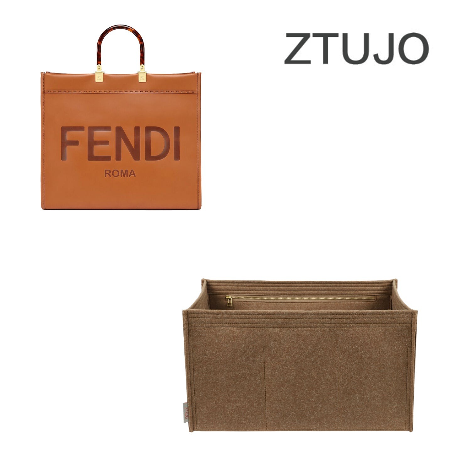 Premium Handtaschen-Organizer für Fendi Sunshine Medium / Large – 8 Fächer, YKK-Reißverschluss, hellbraun oder Sonderfarbe