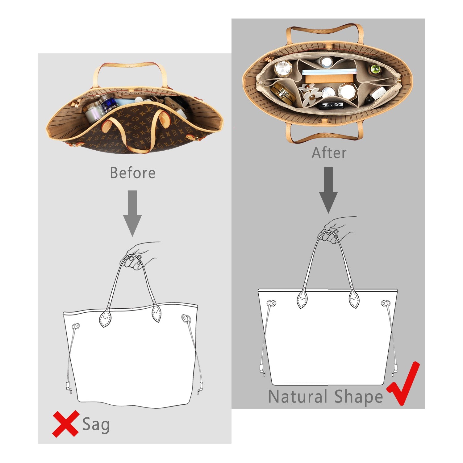 Filz-Handtaschenorganizer mit Schlüsselring-Armbändern für LV Speedy Neverfull Tote product image 7