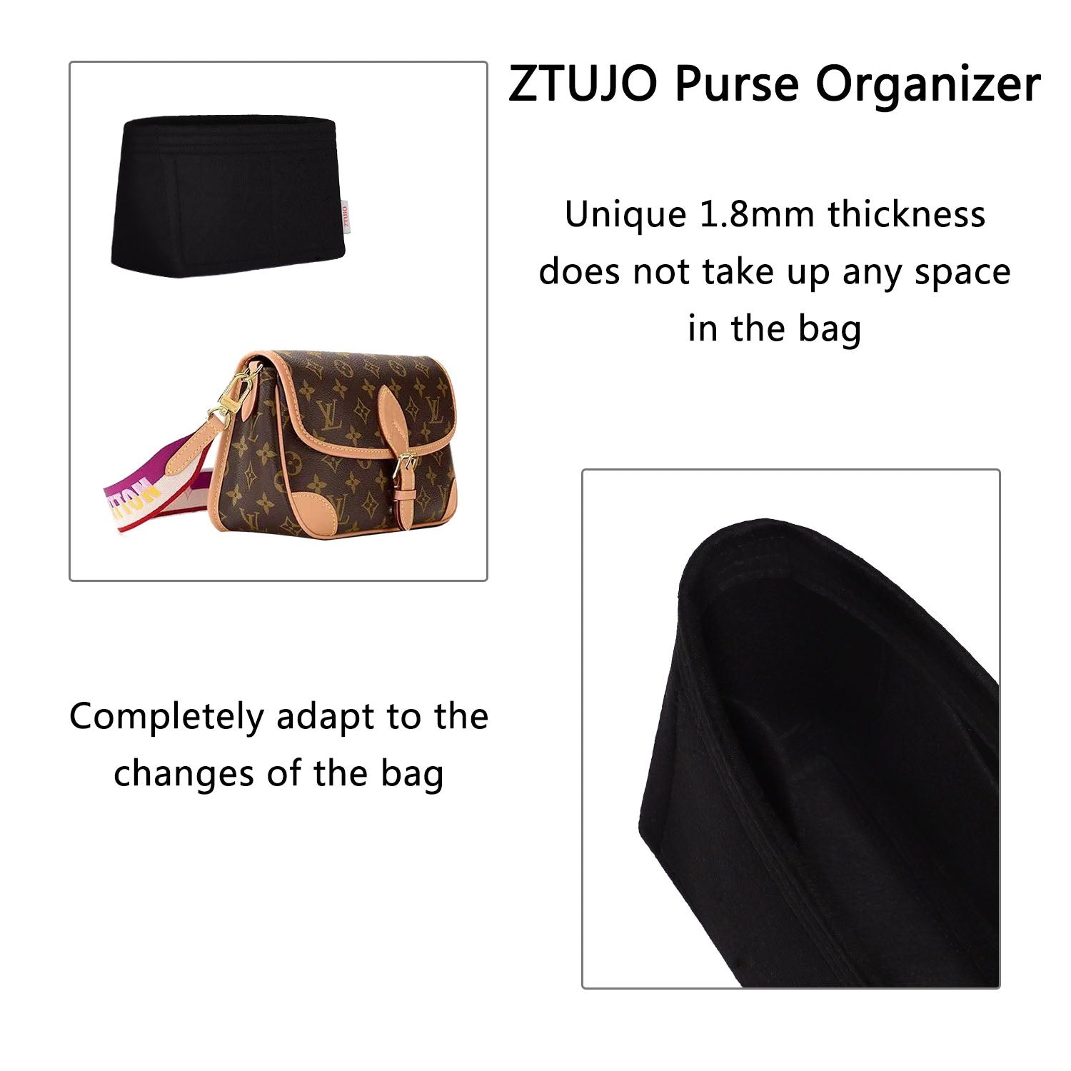 Taschenorganizer für LV Diane – 3-taschen Filzeinlage (Schwarz / Individuelle Farbe) product image 6