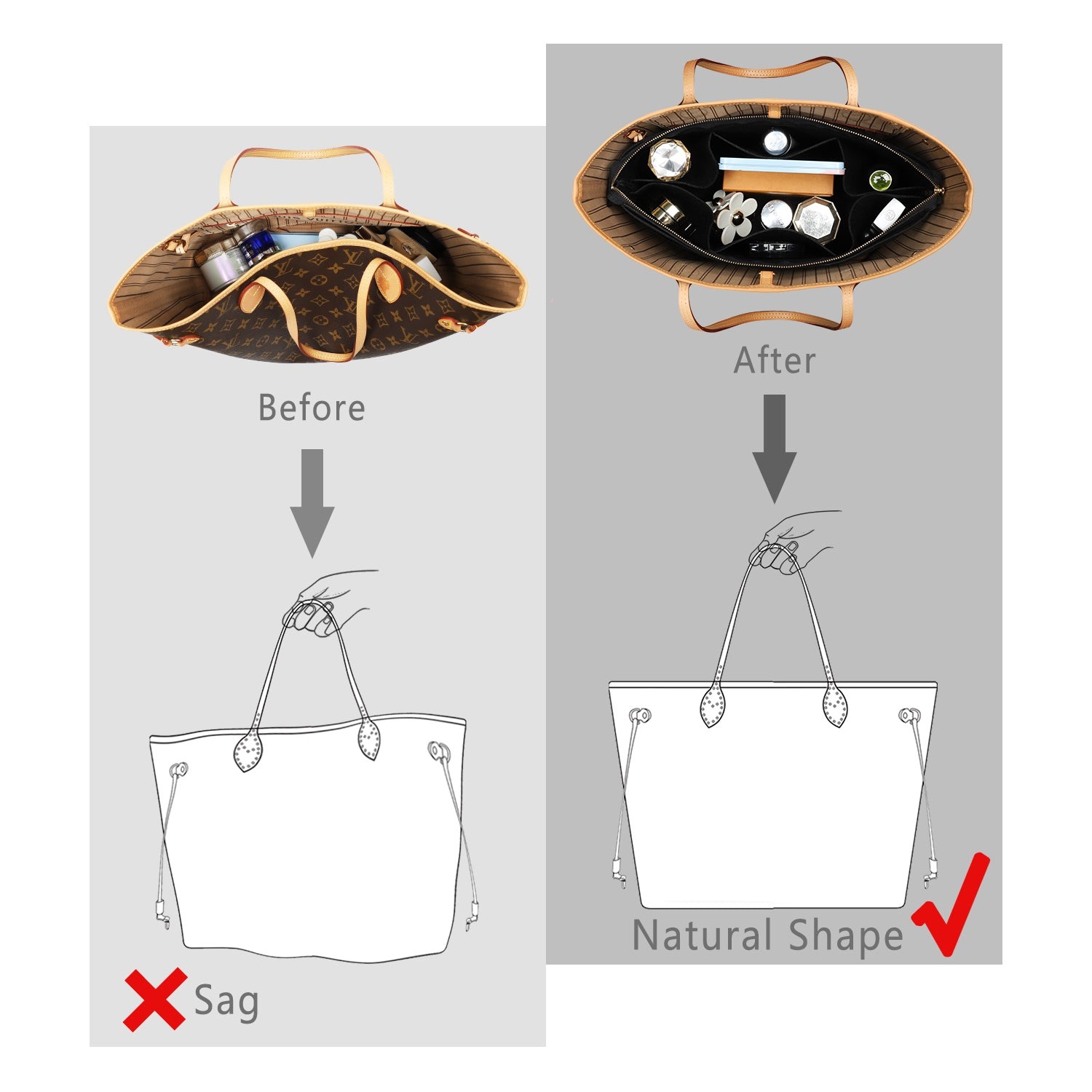 Filz-Handtaschenorganizer mit Schlüsselring-Armbändern für LV Speedy Neverfull Tote product image 28