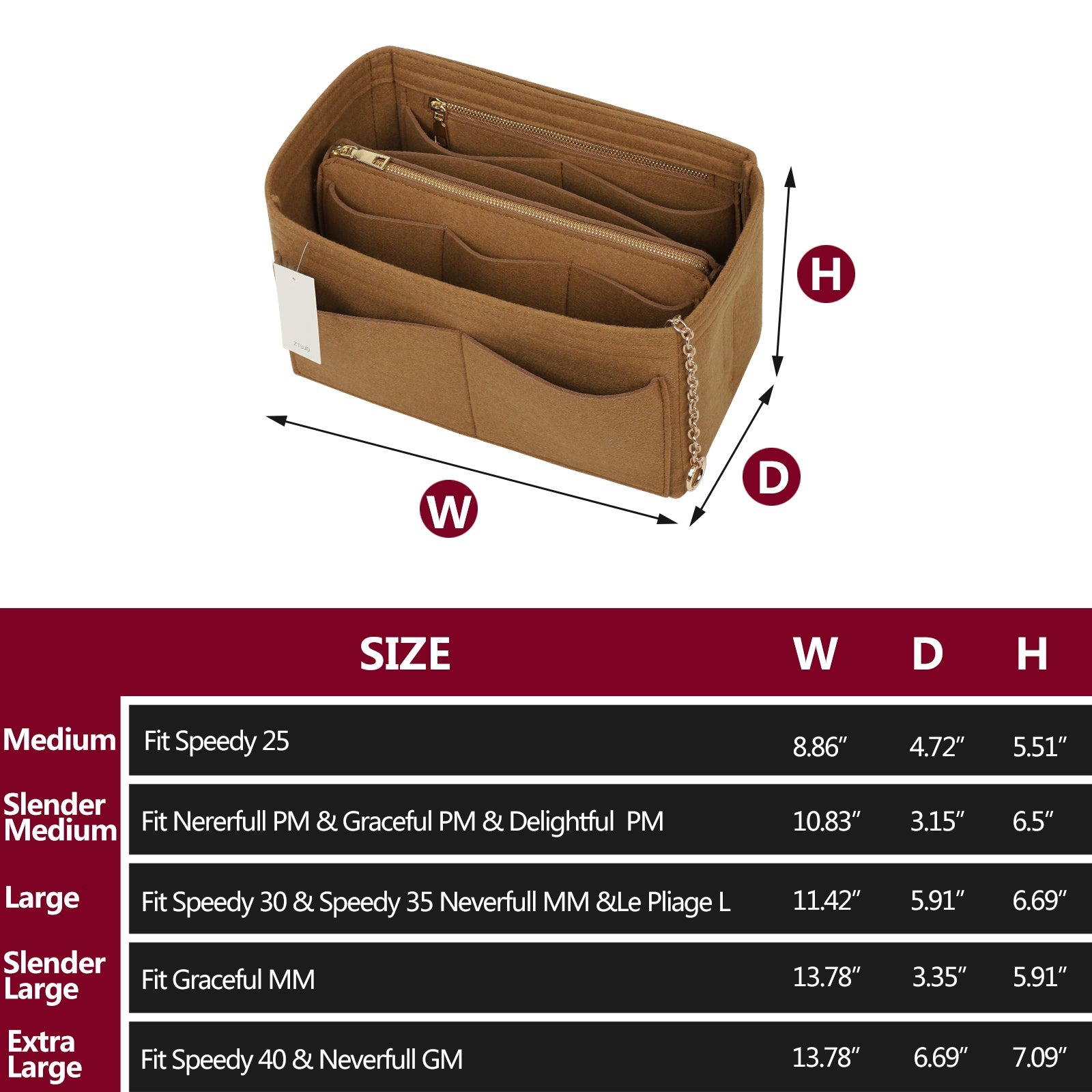 Handtaschen-Organizer aus Filz mit Seitenreißverschluss, herausnehmbare Mittel-Tasche für LV Speedy Neverfull Tote, 5 Größen product image 31