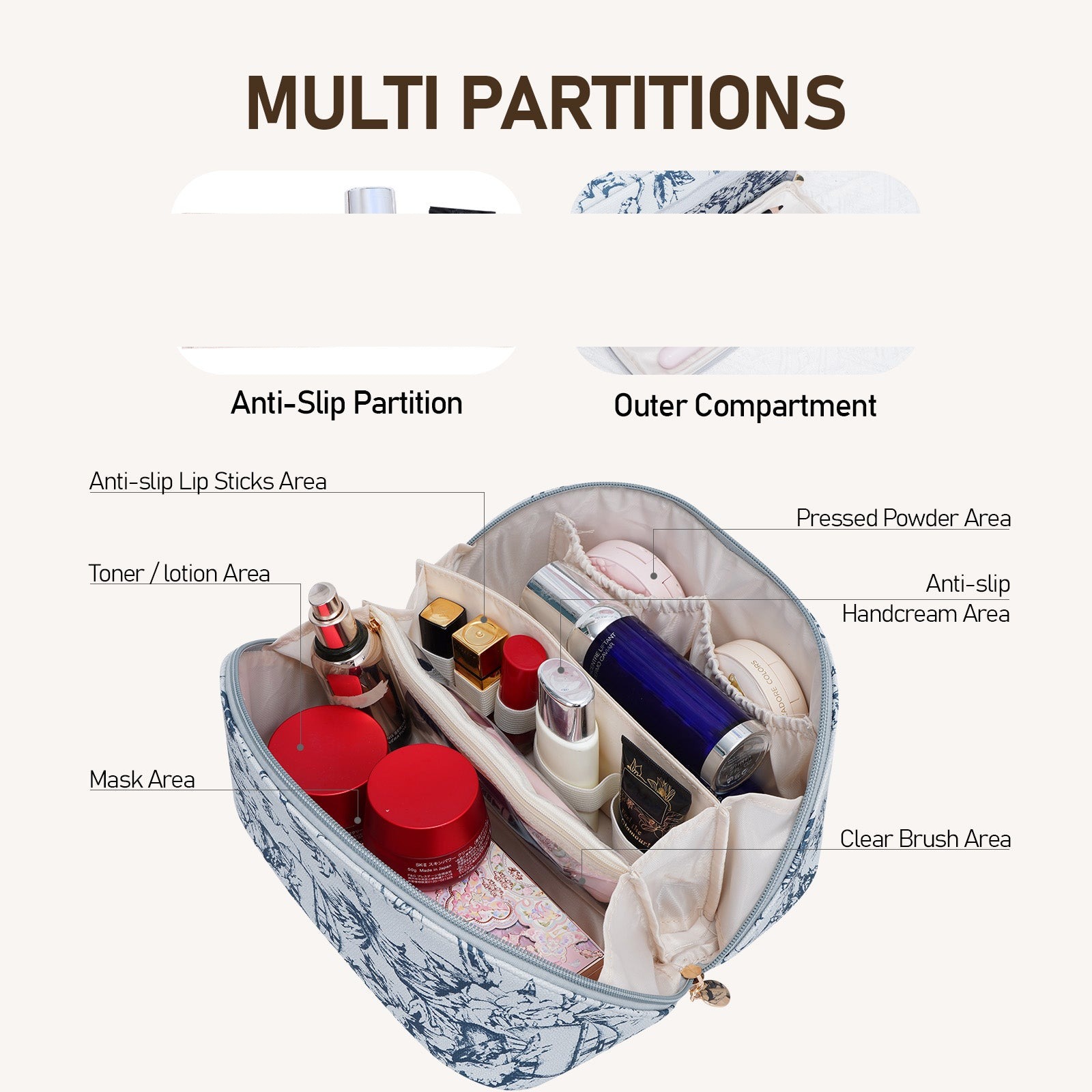 Große Kapazität, wasserdichte Kosmetiktasche aus PU-Leder für Damen – Make-up-Organizer mit Trennwand und Tragegriff product image 3