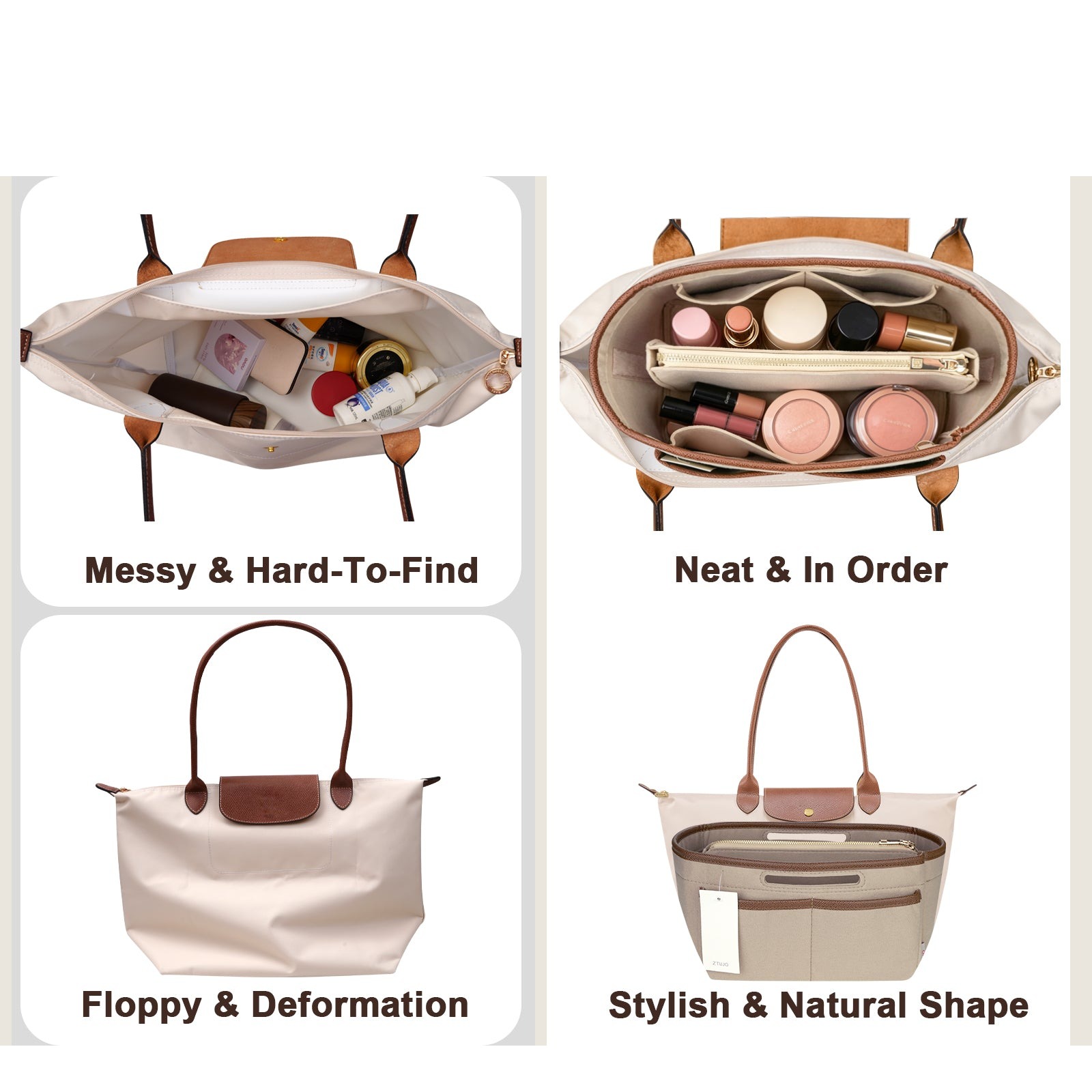 Handtaschen-Organizer-Einsatz für Tote Bags – Filz-Tasche-in-Tasche kompatibel mit Longchamp Le Pliage, Neverfull, Speedy und mehr product image 3