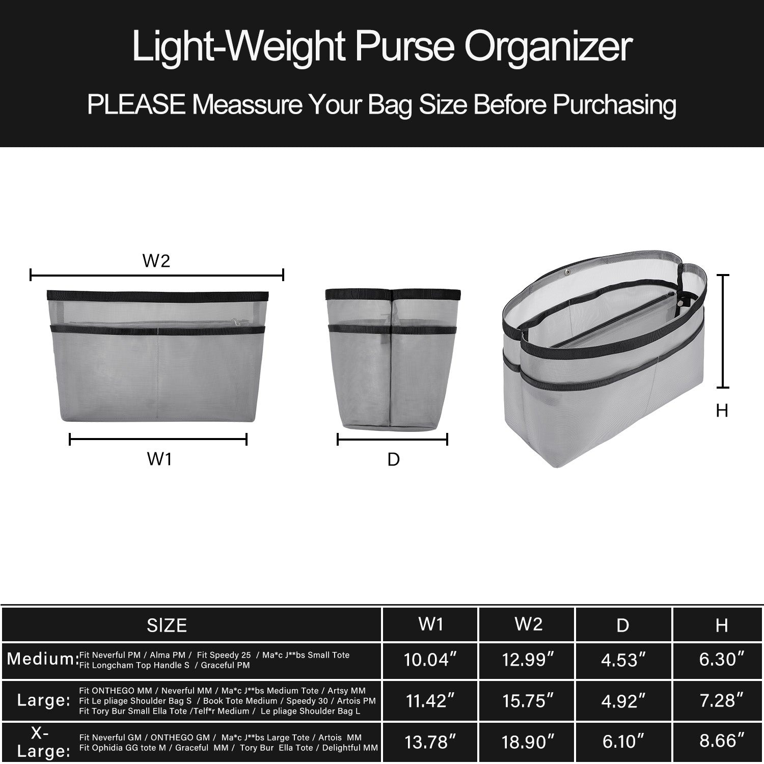 Handtaschen-Organizer-Einlage für Handtaschen – Mesh-Taschenorganizer mit Reißverschluss, passt für Speedy, Neverfull PM/MM, Le Pliage – Mittel, Groß, X-Groß product image 19