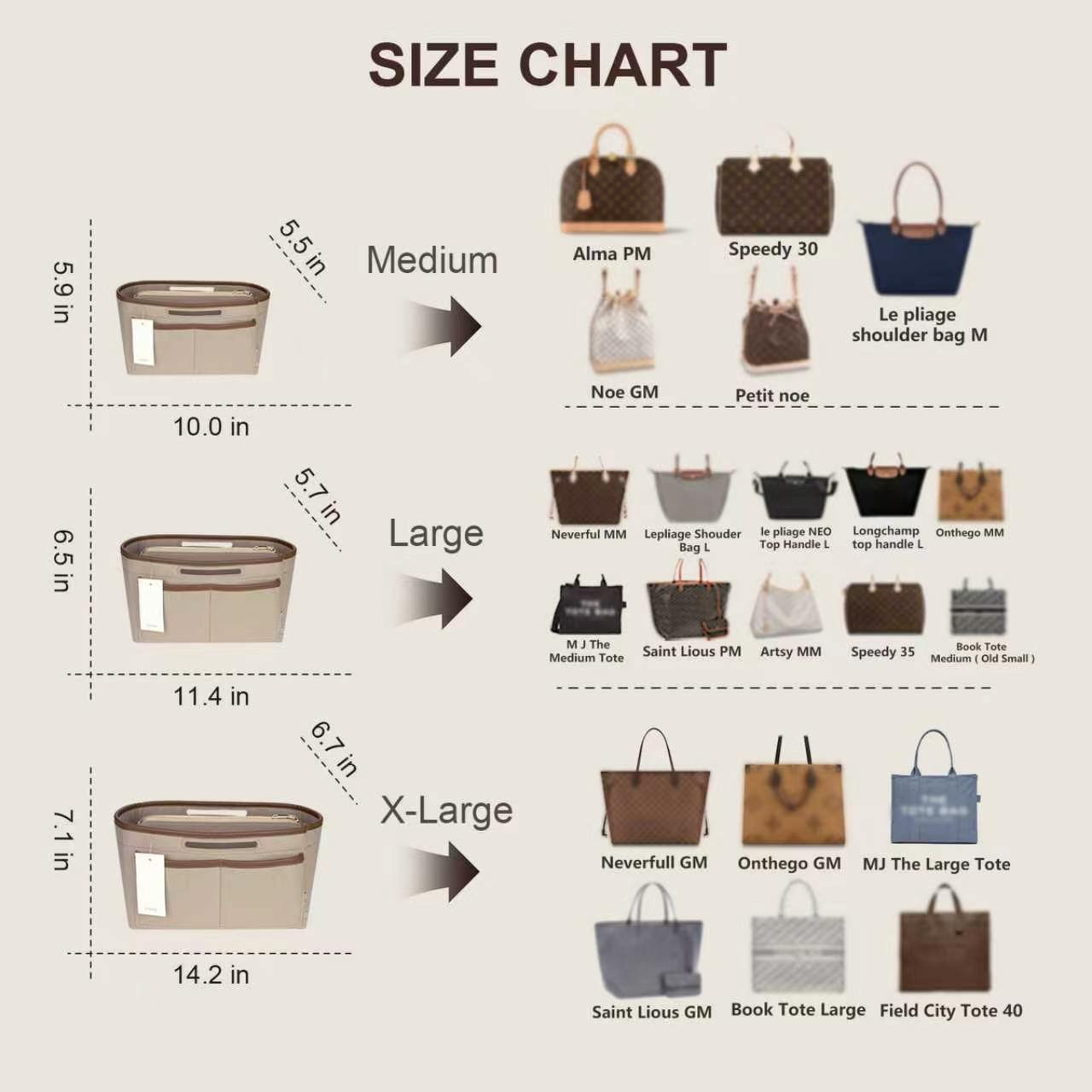 Handtaschen-Organizer-Einsatz für Tote Bags – Filz-Tasche-in-Tasche kompatibel mit Longchamp Le Pliage, Neverfull, Speedy und mehr product image 2