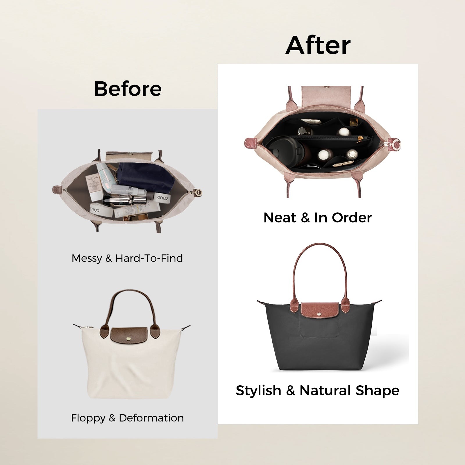 Einsatz für Handtaschen-Organizer für Longchamp Le Pliage – ultraleichtes, wasserabweisendes, umweltfreundliches DuPont-Papier, 6 Taschen product image 10