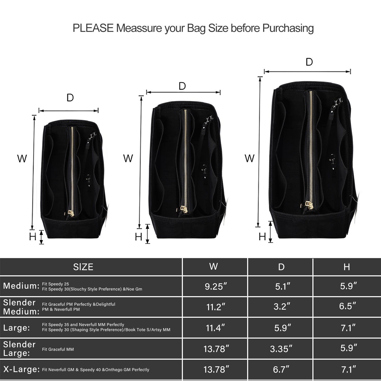 Taschenorganizer für LV Speedy Neverfull Tote – 6 Größen, Filz-Tascheneinsatz mit Reißverschluss product image 120