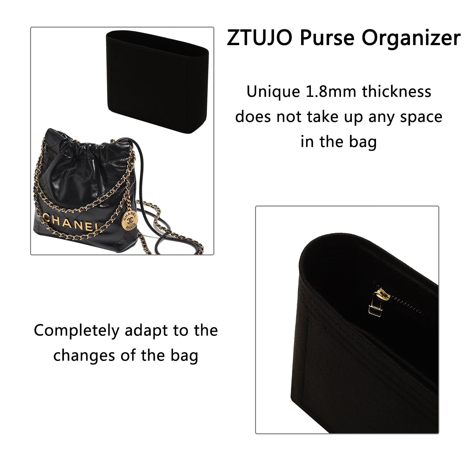 Premium-Taschenorganizer für Chanel 22 Mini – weicher Filz, YKK-Reißverschlüsse, 2 Fächer product image 6