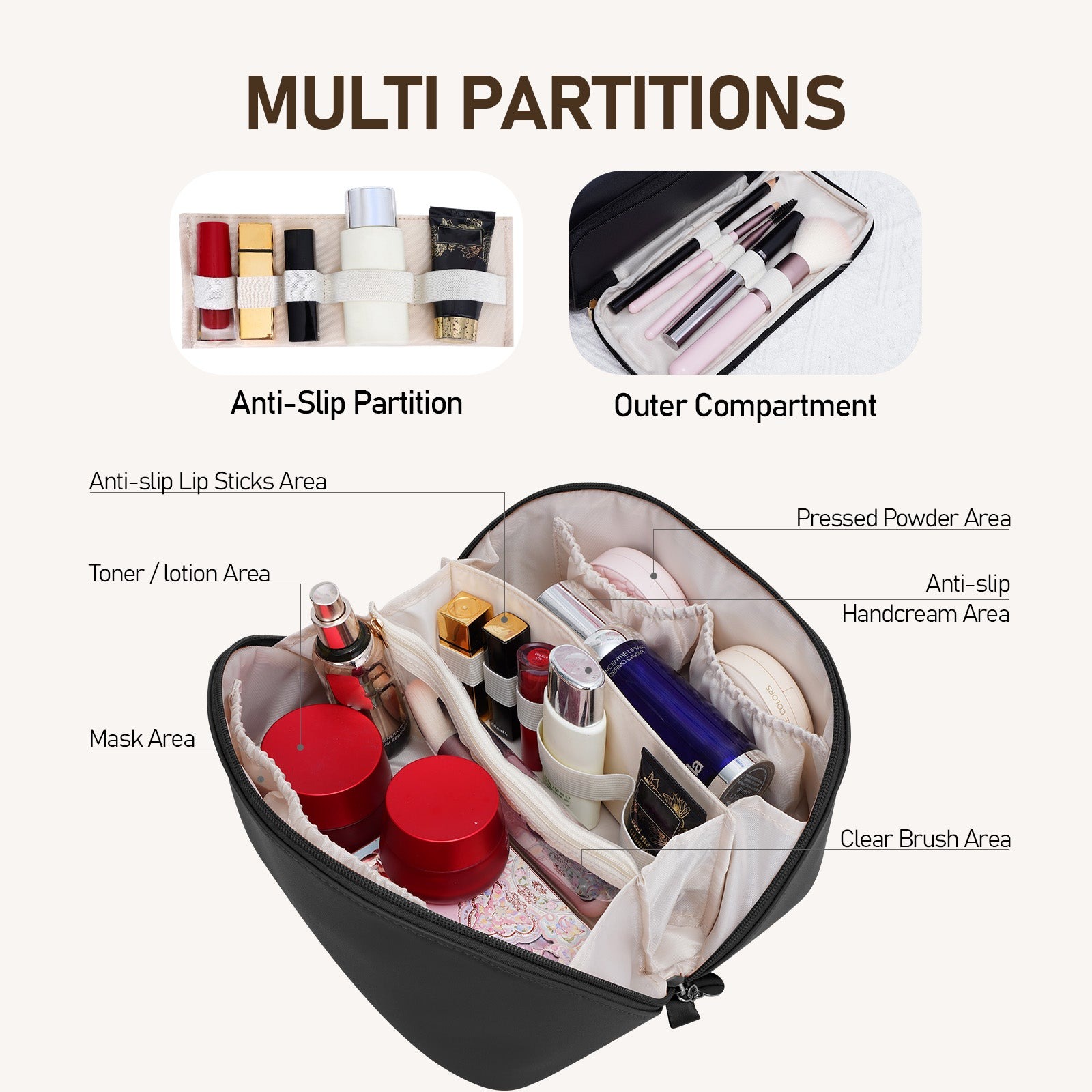 Große Kapazität, wasserdichte Kosmetiktasche aus PU-Leder für Damen – Make-up-Organizer mit Trennwand und Tragegriff product image 12
