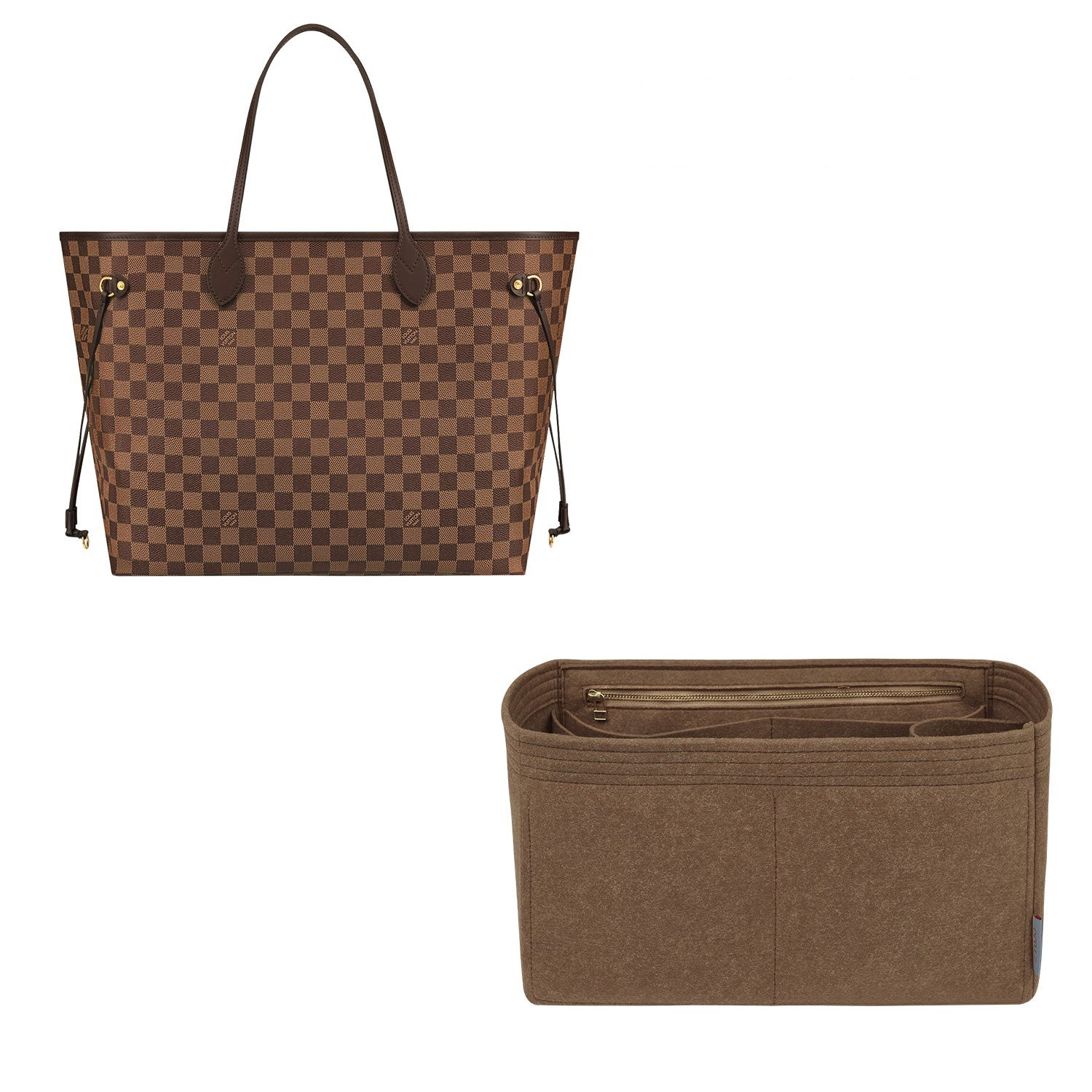 Taschenorganizer für LV Neverfull PM / MM / GM – 7 Fächer, YKK-Reißverschluss, Hellbraun oder Sonderfarbe