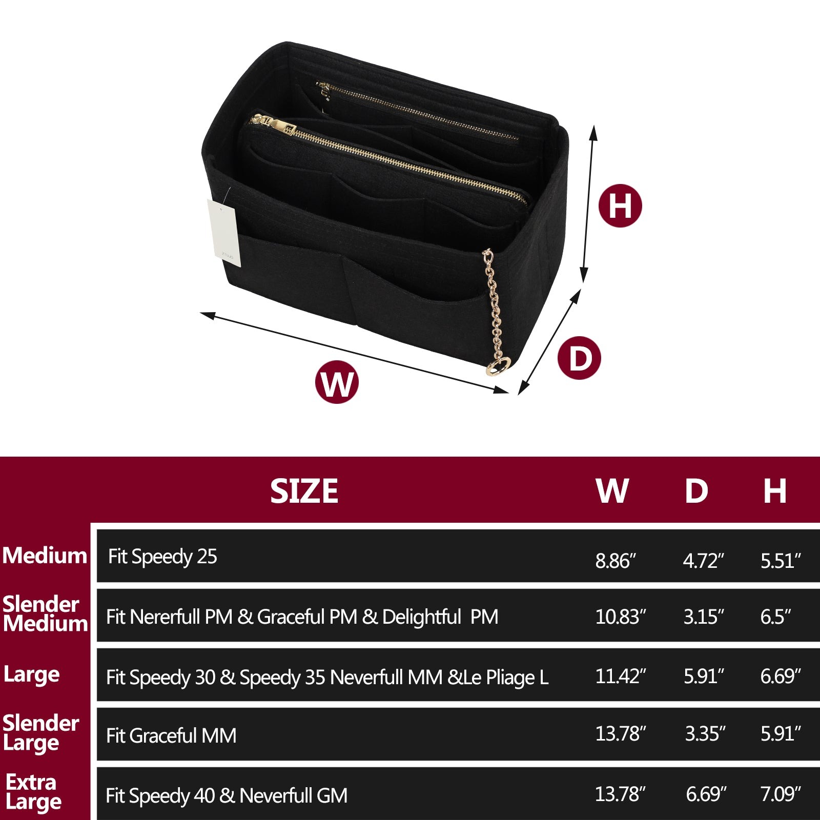 Handtaschen-Organizer aus Filz mit Seitenreißverschluss, herausnehmbare Mittel-Tasche für LV Speedy Neverfull Tote, 5 Größen product image 10