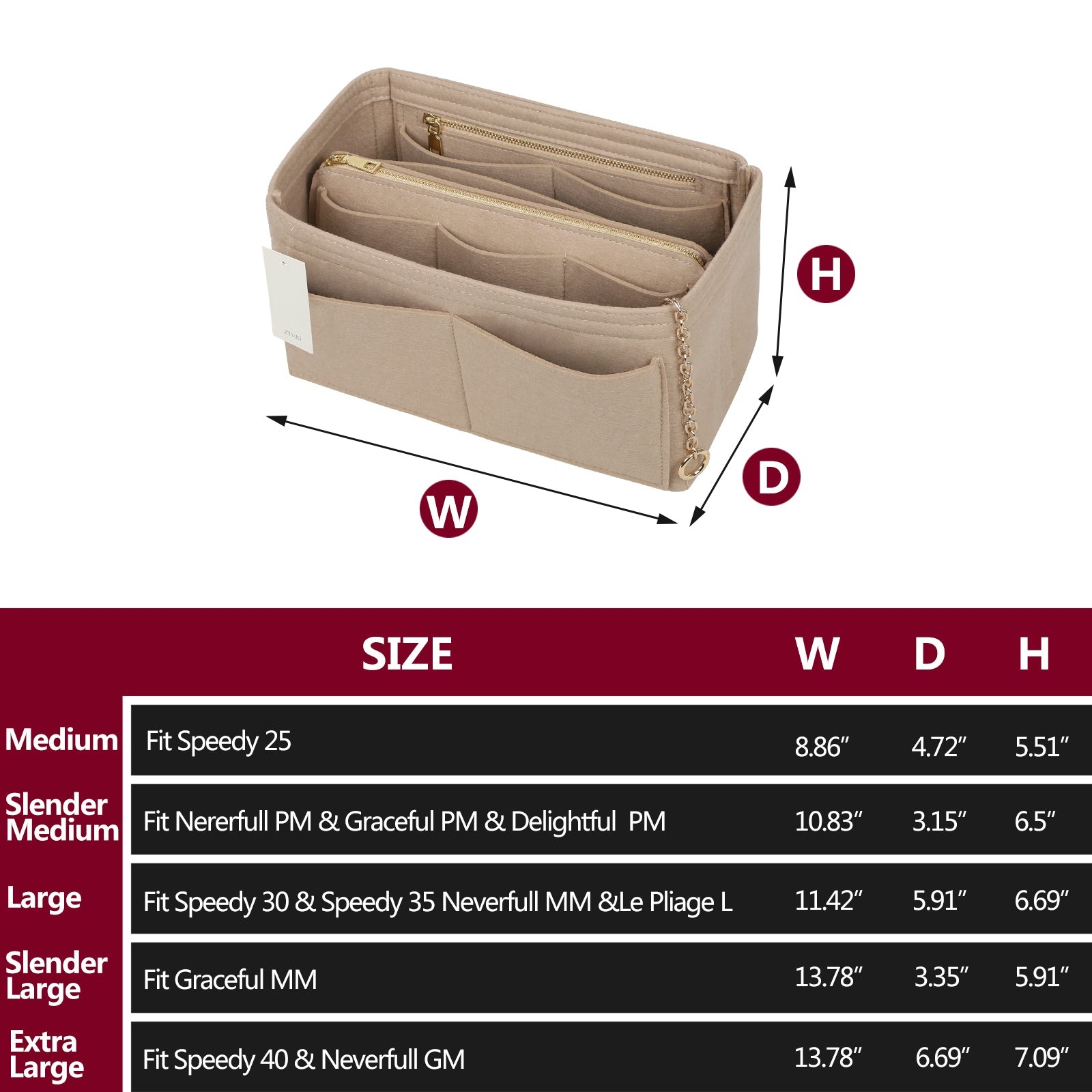 Handtaschen-Organizer aus Filz mit Seitenreißverschluss, herausnehmbare Mittel-Tasche für LV Speedy Neverfull Tote, 5 Größen product image 3