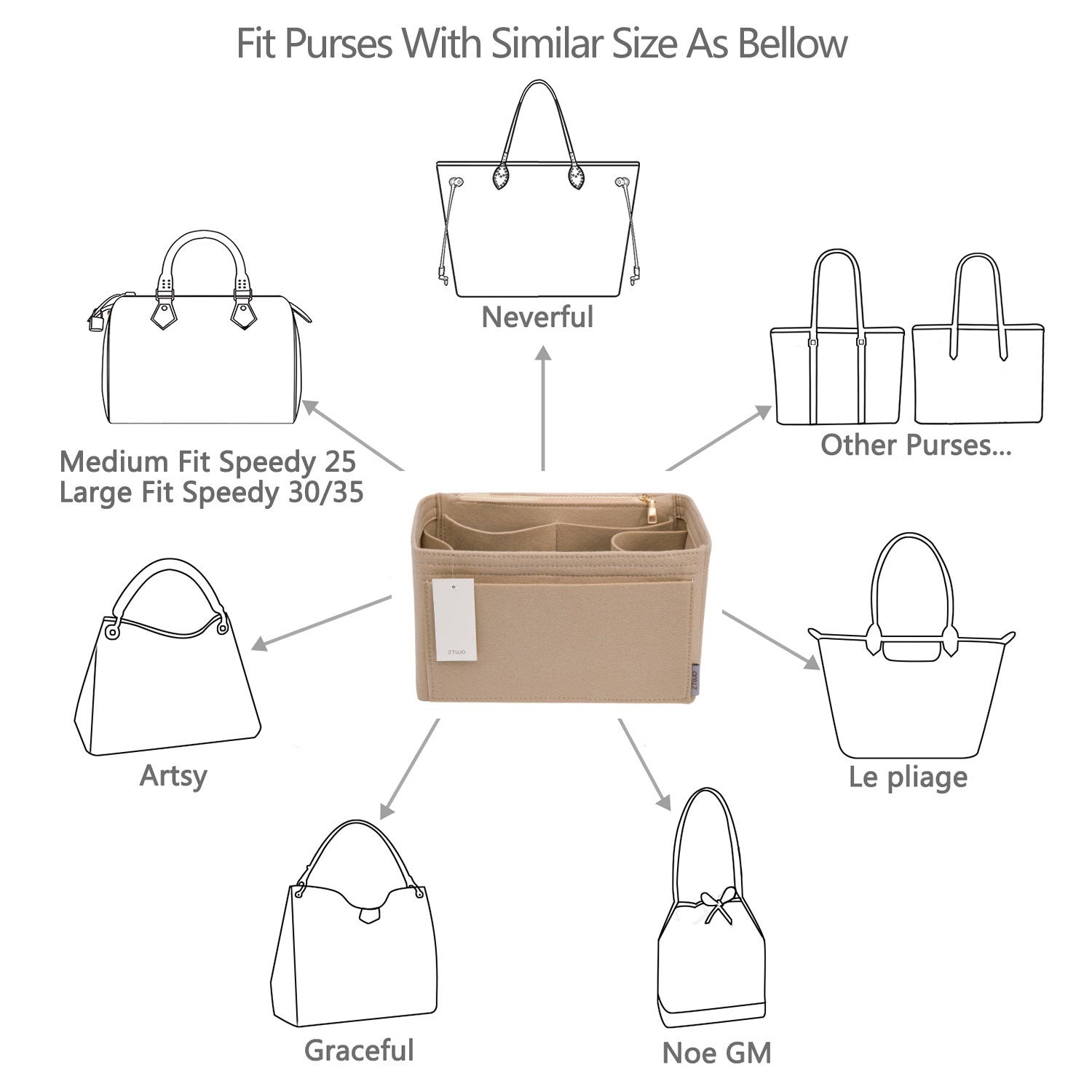 Filz-Einsatz für Handtaschen mit Flaschenhalter – Schlank Medium, Large, X-Large product image 6