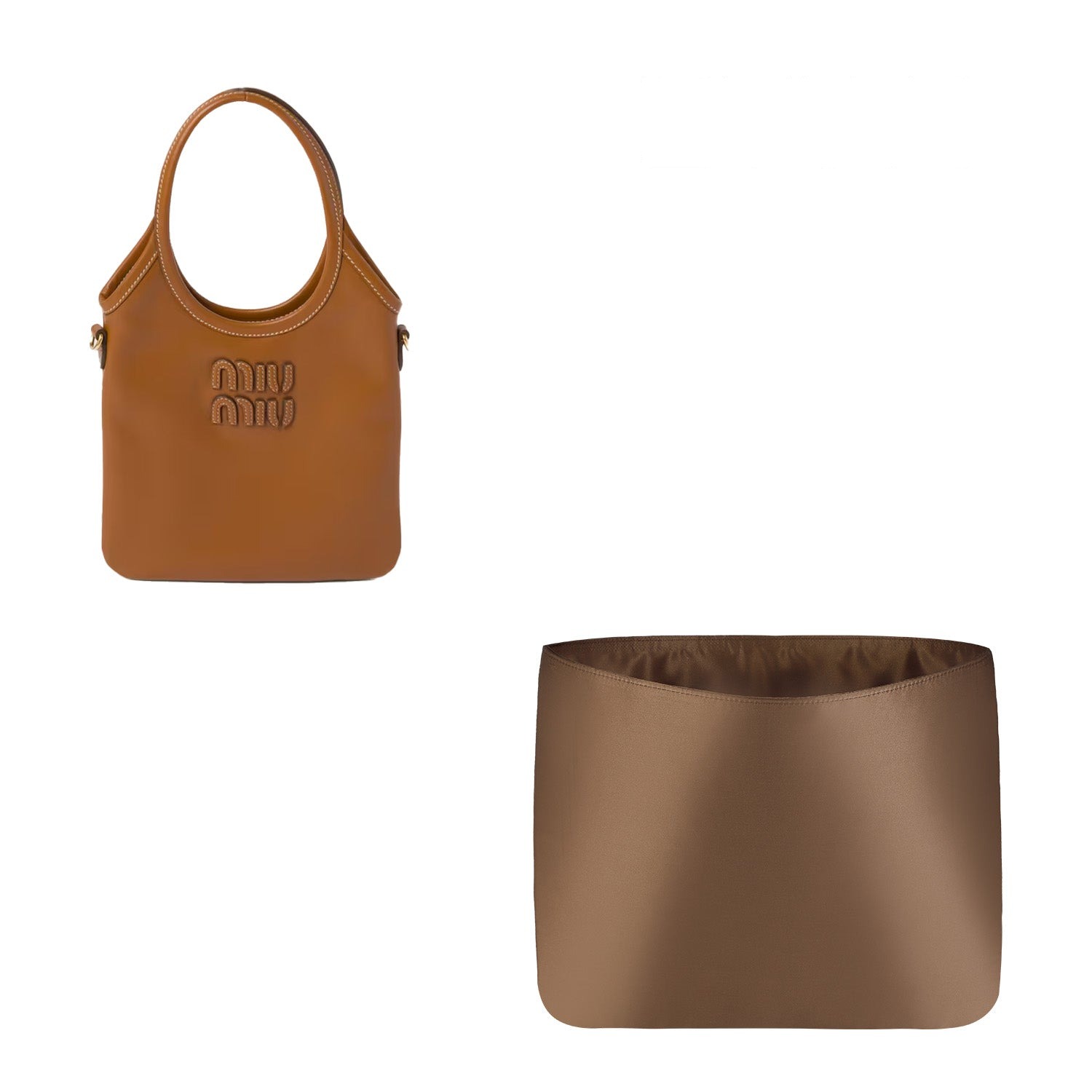 Taschenorganizer für Miu Miu Ivy Mini / Medium – Neues Seiden- und Satinmaterial, 2 Fächer, Goldbraun / Individuelle Farbe