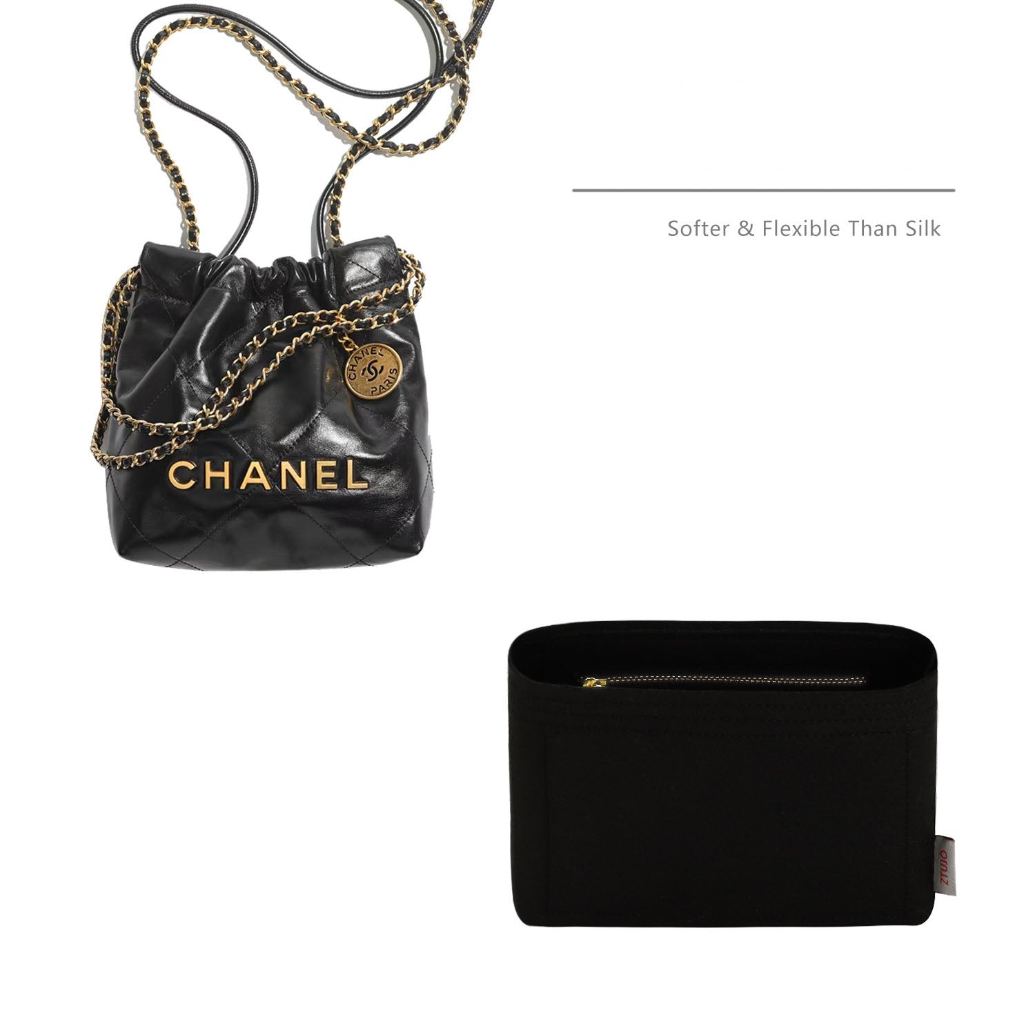 Premium-Taschenorganizer für Chanel 22 Mini – weicher Filz, YKK-Reißverschlüsse, 2 Fächer