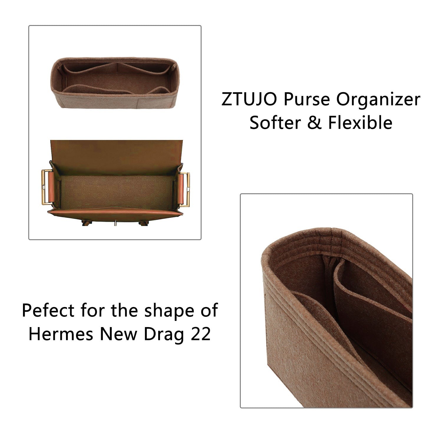 Taschenorganizer für Hermes New Drag 22 – 4 Fächer, weicher Filz, Hellbraun oder Sonderfarbe product image 6