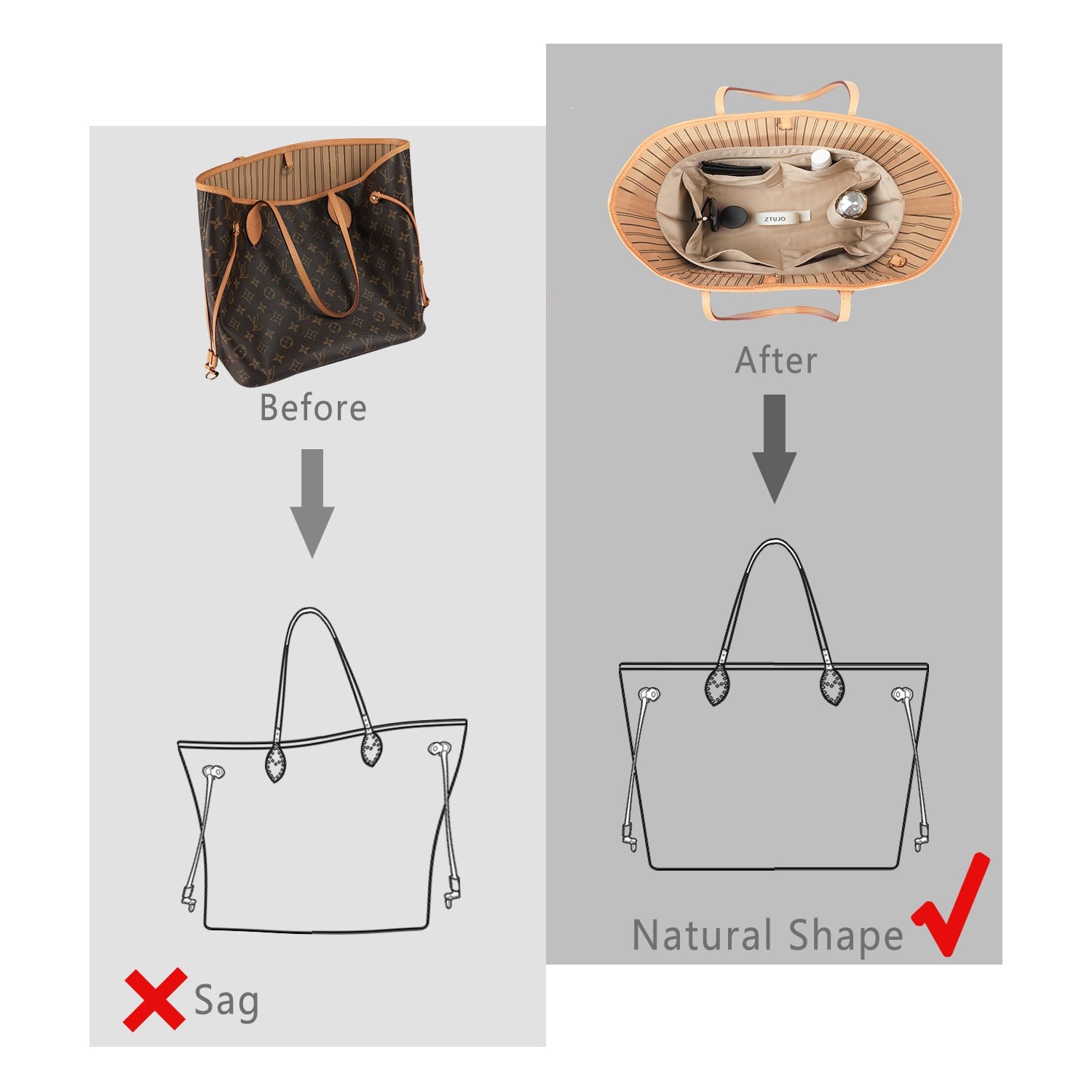 Seidiger Taschenorganizer-Einsatz für Handtaschen mit Reißverschluss – Passend für LV Neverfull, Speedy, Onthego, Artsy, Tote – 6 Größen product image 5