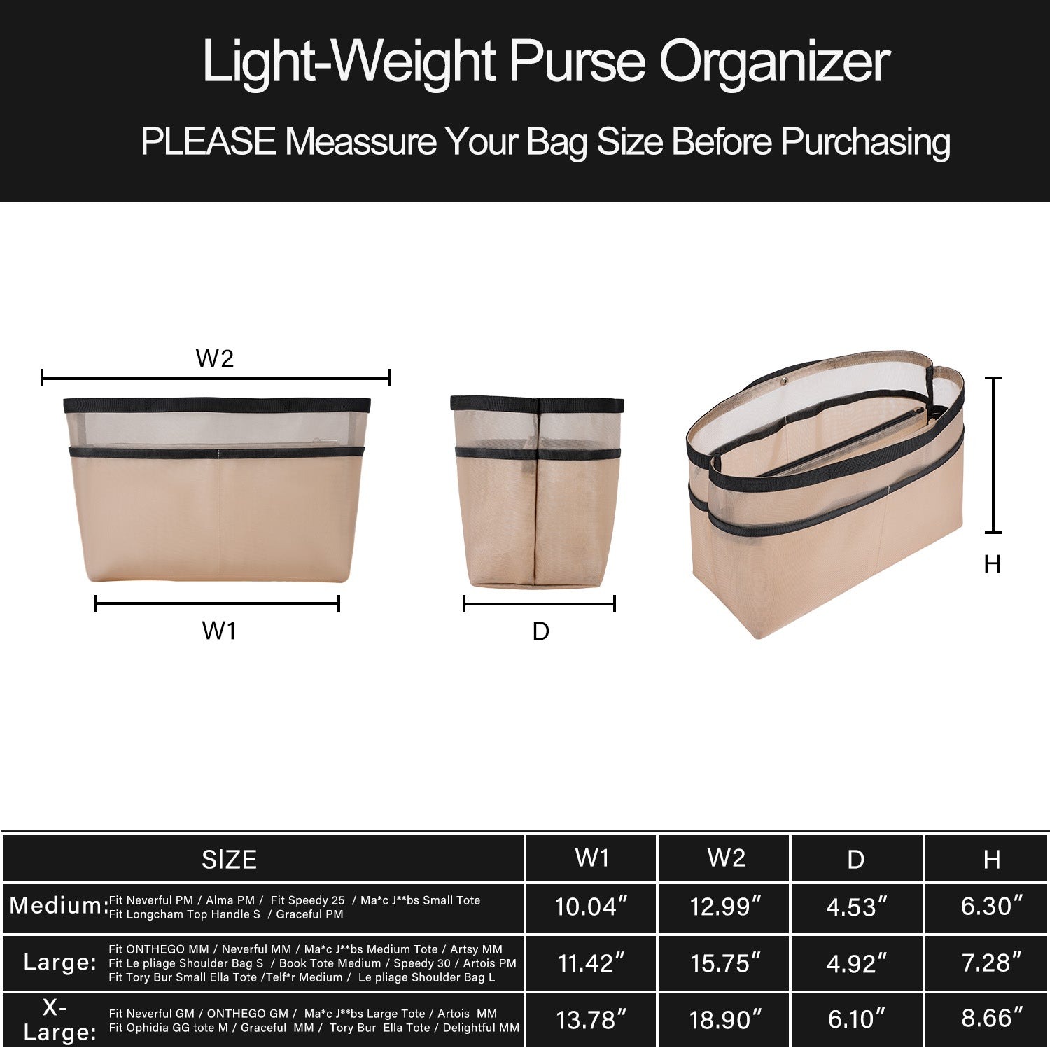 Handtaschen-Organizer-Einlage für Handtaschen – Mesh-Taschenorganizer mit Reißverschluss, passt für Speedy, Neverfull PM/MM, Le Pliage – Mittel, Groß, X-Groß product image 4