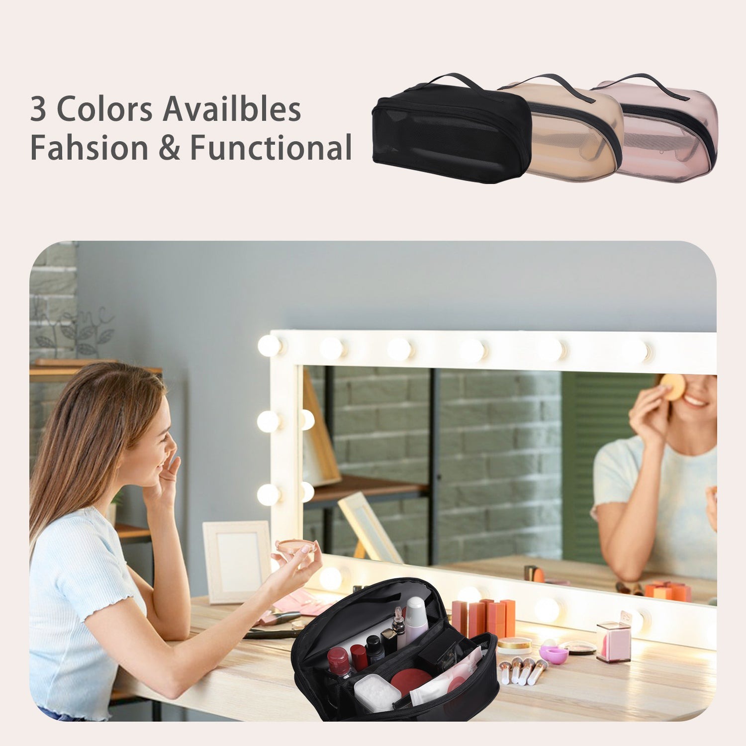 Reise-Kosmetiktasche, Kosmetiktasche mit großem Fassungsvermögen für Frauen, Kulturbeutel aus Mesh mit Organizer-Einteilung und Tragegriff product image 7