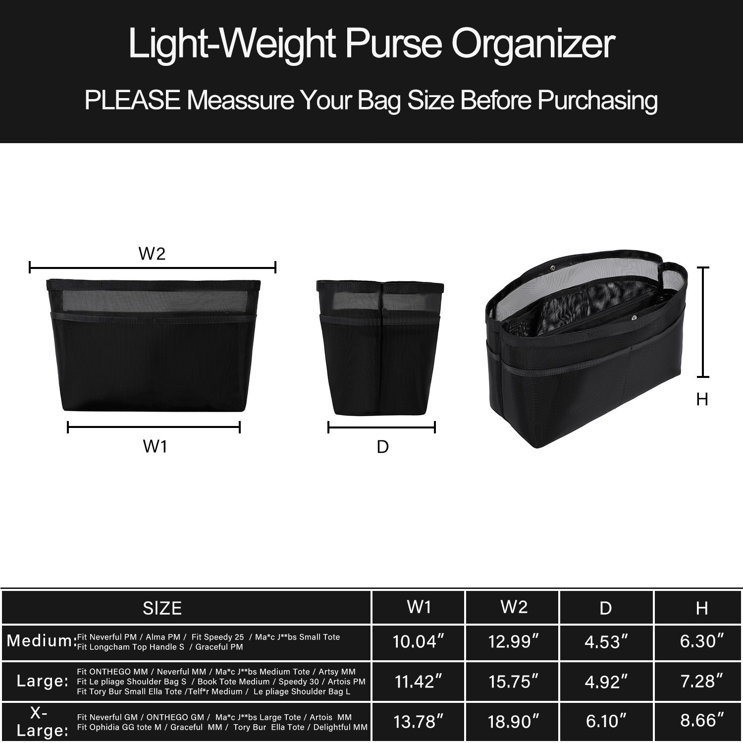 Handtaschen-Organizer-Einlage für Handtaschen – Mesh-Taschenorganizer mit Reißverschluss, passt für Speedy, Neverfull PM/MM, Le Pliage – Mittel, Groß, X-Groß product image 12