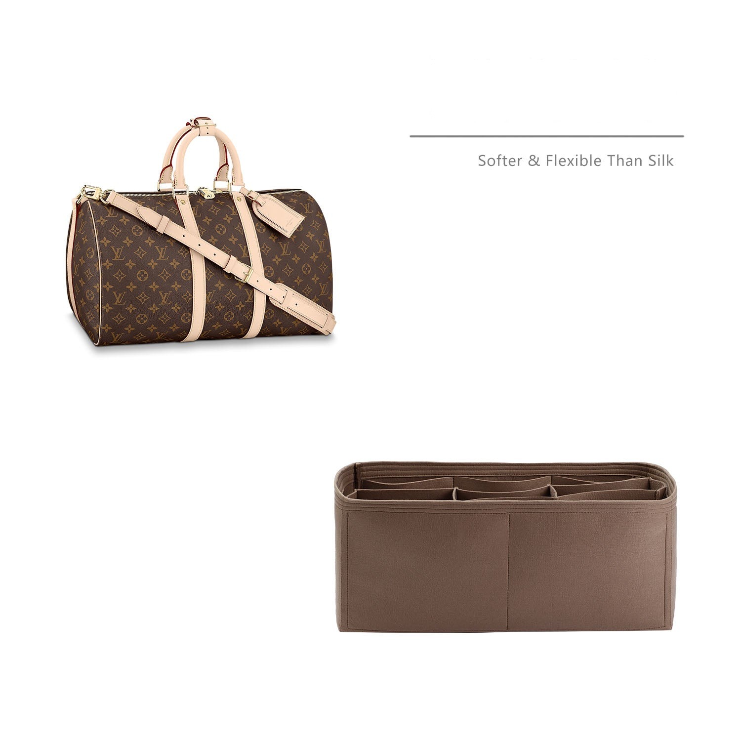 Taschenorganizer für LV Keepall 45 / 50 / 55 / 60 – 8 Fächer, Hellbraun oder Sonderfarbe