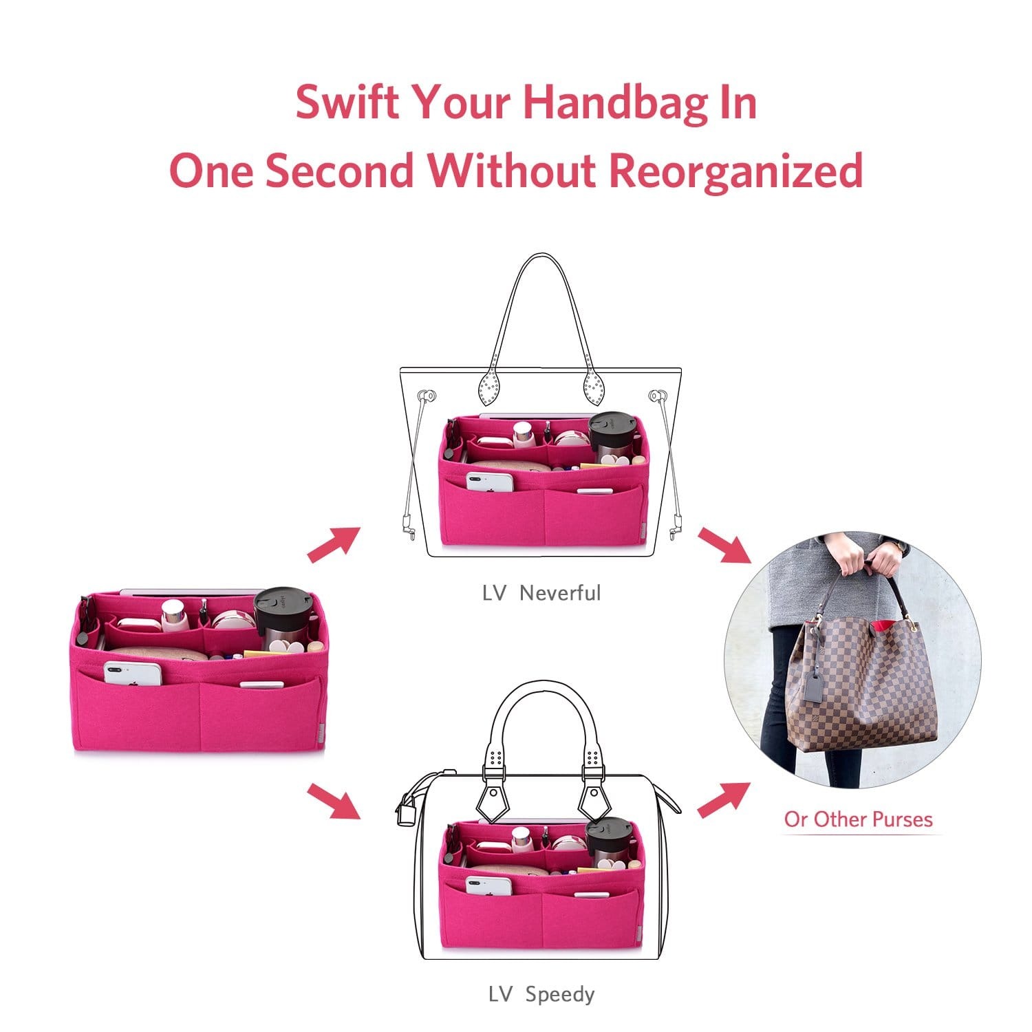 Filz Handtaschen-Organizer – Extra Large (passt für Speedy 40 / Neverfull GM) product image 68