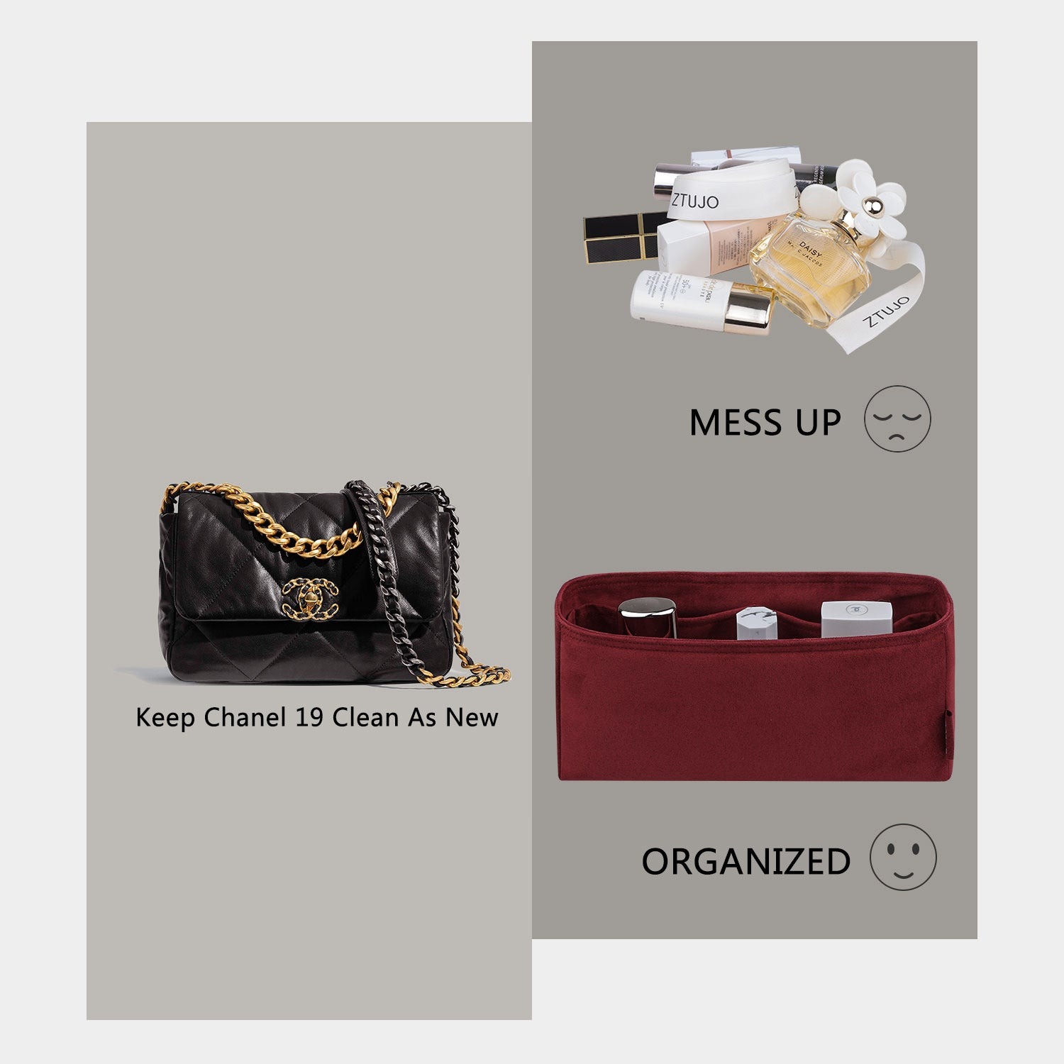 Organizer für die Chanel 19 Flap Bag 26 cm / 30 cm / 36 cm – Premium-Interieurmaterial in Automobilqualität, 4 Fächer product image 3
