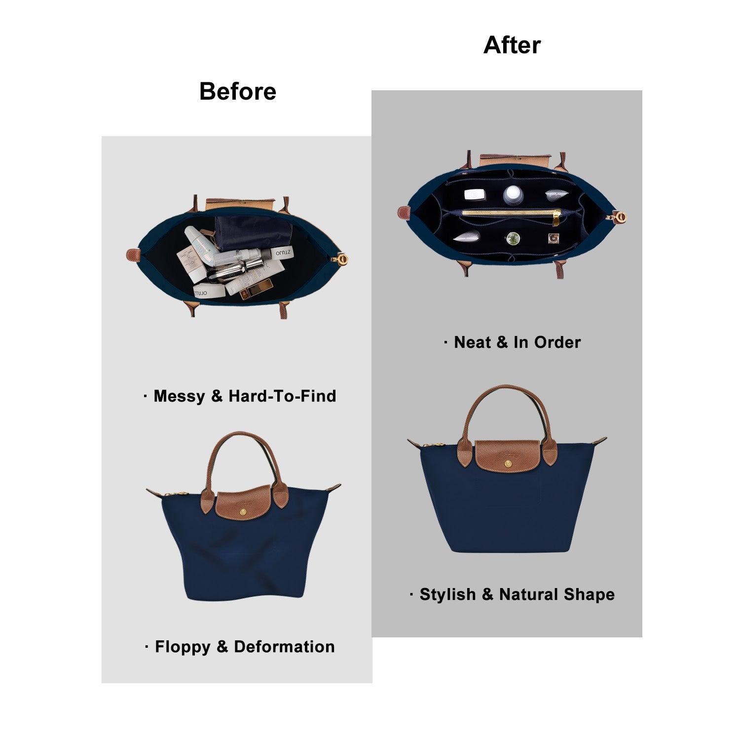 Einsatz für Handtaschen-Organizer für Longchamp Le Pliage – Passend für Top Handle S/M & Schultertasche S/L detail image 3