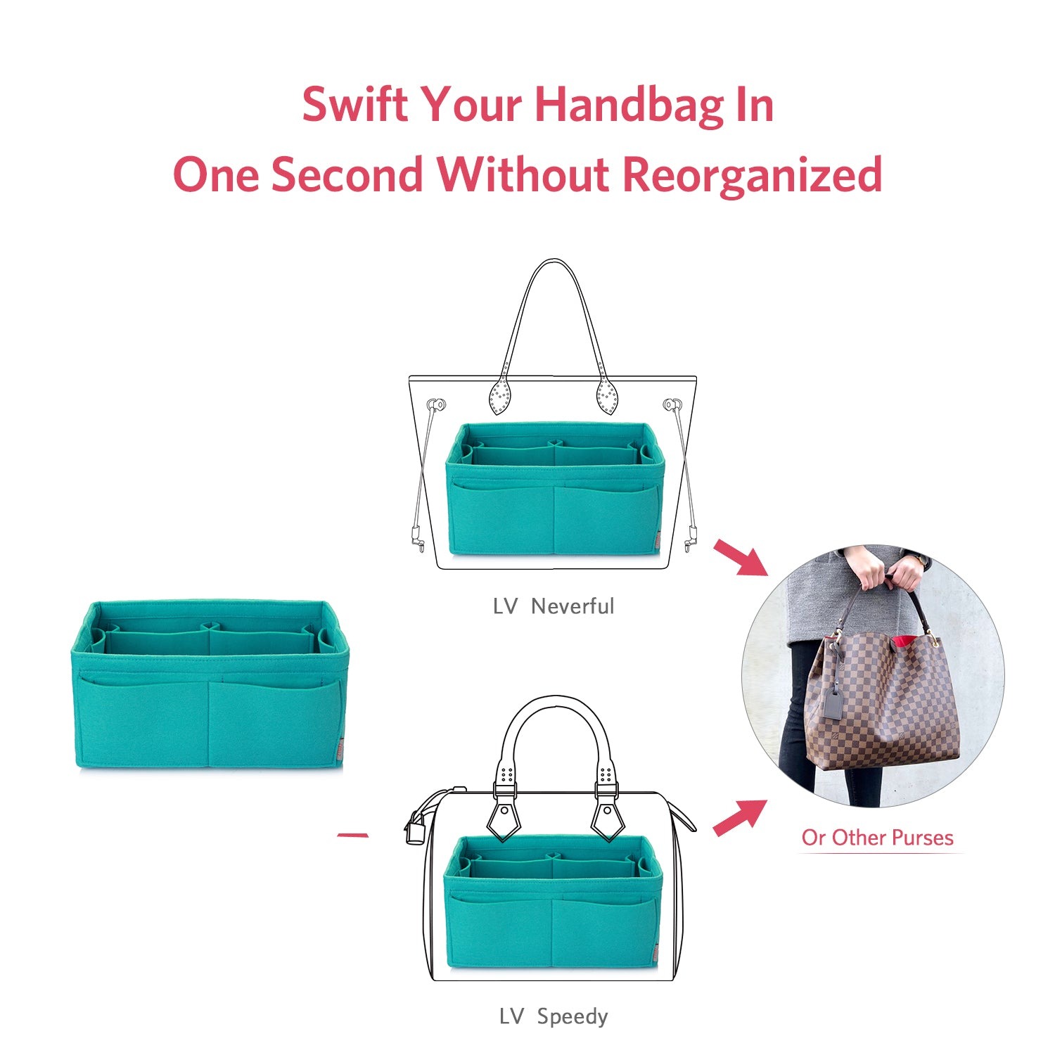 Filz Handtaschen-Organizer – Extra Large (passt für Speedy 40 / Neverfull GM) product image 33