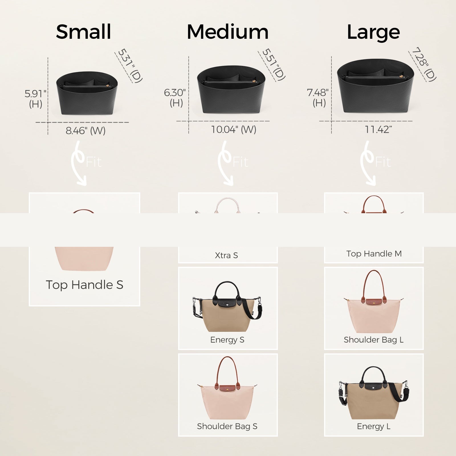 Einsatz für Handtaschen-Organizer für Longchamp Le Pliage – ultraleichtes, wasserabweisendes, umweltfreundliches DuPont-Papier, 6 Taschen product image 6